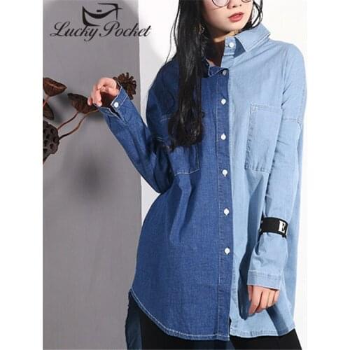 Women Spring Autumn Blue Pockets Asymmetrical Long Shirt Ladies Solid Color Plus Size Blouses Female Brand Casual Tops ZM751