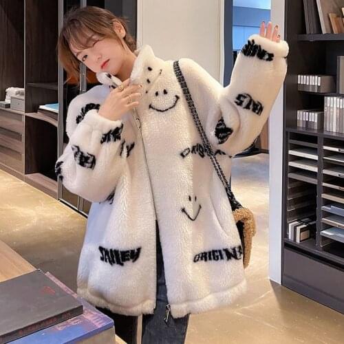 Cartoon Smiley Lamb Wool Womens Hooded Jacket Casual Oversized Tops Winter Clothes Woman Jackets Cute Korean Coats X354