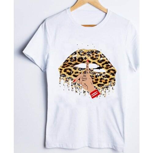 Tees for Women Print Casual Leopard Lip Sexy Funny 90s Fashion Ladies T Shirt Clothes Lady Tops Clothing Female T-Shirt