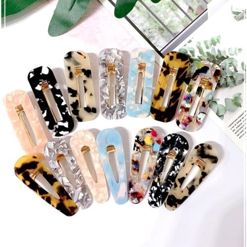 Women Girls Japanese Style Side Hair Clip Hollow Geometric Water Drop Shape Duckbill Hairgrips Colored Marble Textured Printed