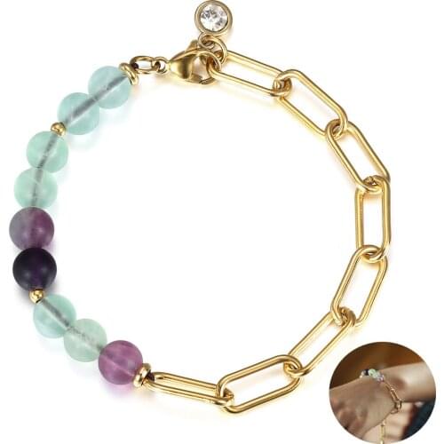 Frosted fluorite Beads Bracelet for Women Stainless Steel Rolo Link Box Chain Birthstone Charm Bracelets 8inch Jewelry LDB295