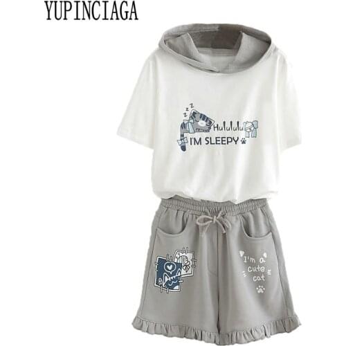 2 piece set women Tops And Shorts Cartoon Print Hooded Sweatshirts And Pockets Elastic Waist Straight Shorts Girls Suits