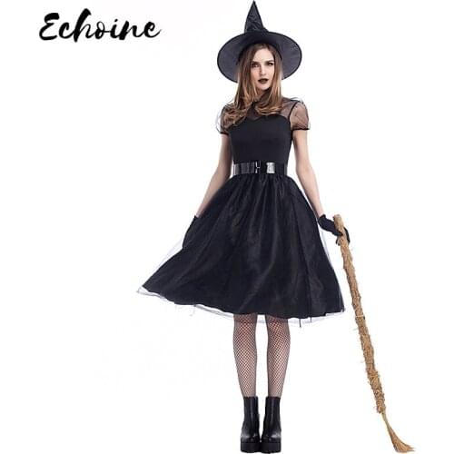 Echoine Plus Size M-XXXL Women Gothic Black Yarn Witch Costume Adult Halloween Party Cosplay Fancy Magician Witch Dresses