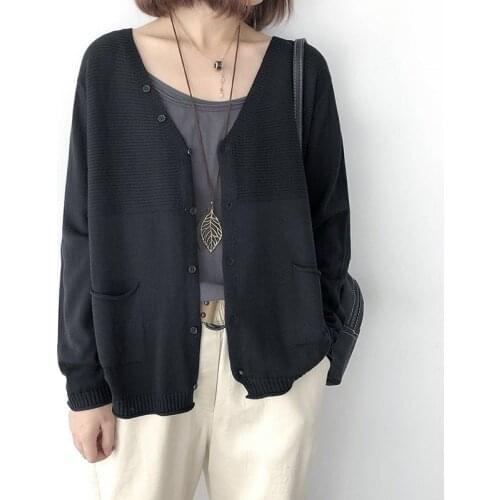 New 2021 Autumn Womens Sweater V-neck Pockets Cardigan Female Loose Fashion Korean Knitwear All-match Harajuku Fall Coat Femme