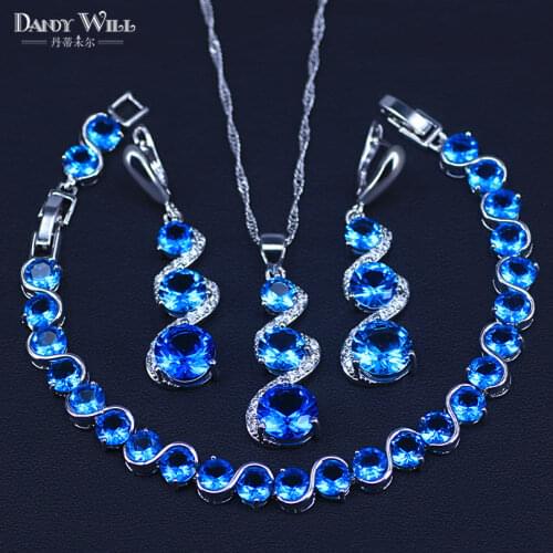 Sky Blue Zircon Bridal Silver Color Jewelry Sets Women Pendant&Necklace Ring Earrings With Natural Stones Jewelery set Gift Box