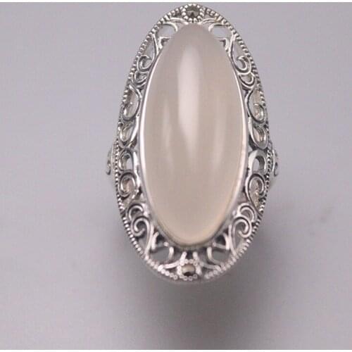 S925 Sterling Silver Ring Women Luck White Chalcedony Marquise Ring 32mmW US7