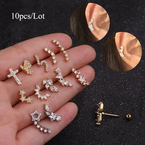10PC/Lot Mixed Styles Zircon Tragus Stud Gold & Silver Color Ear Studs Moon Star Earring 20G Helix Cartilage Piercing Wholesale
