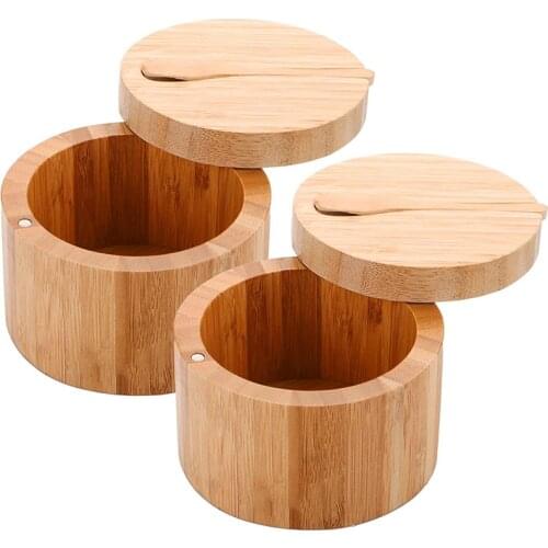 2 Pack Bamboo Seasonings Box with Spoons - Bamboo Salt Box with Lids Bamboo Pepper Spice Cellars Storage Container