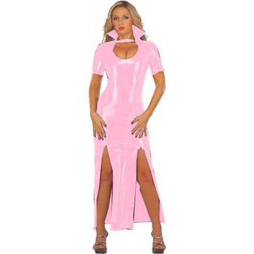 23 Colors Buckle Turndown Collar Novelty Dress Women Leg Split Long Dress Short Sleeve Keyhole Vestido Sexy Skinny PVC Clubwear