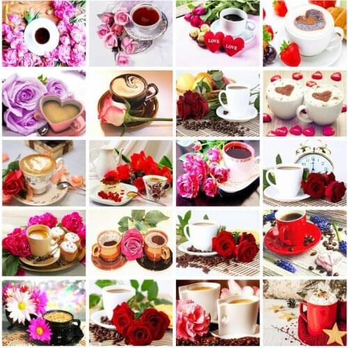 Diamond Painting Coffee Cup Diamond Embroidery Flower Cross Stitch Mosaic Scenery Picture of Rhinestones Kitchen Decoration