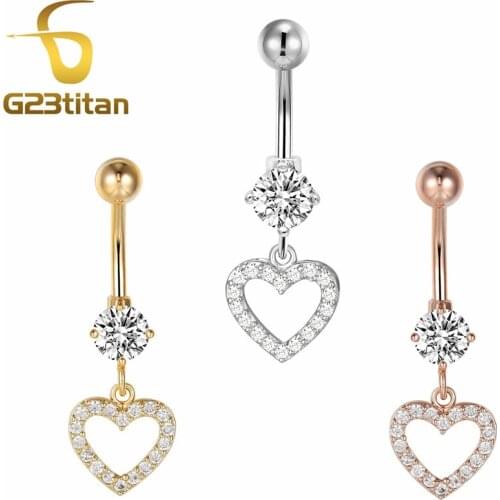 G23titan Love Heart Dangle Belly Button Rings Navel Piercing Barbell Crystal Surgical Steel Woman Body Jewelry Sex Beach Gift