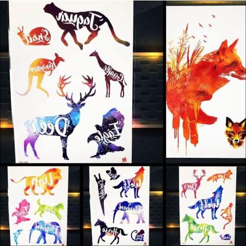 Colorful Animals Tattoo Stickers Orange Fox Women Sexy Back Temporary Waterproof Tattoo Men Arm Transferable Tatoos Deer Words