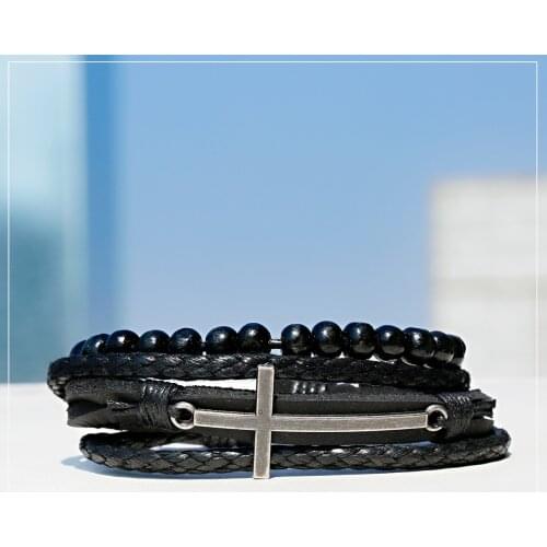 Punk Style Trendy Mens Fashion Bracelet Set Black Multilayer Leather Cross Decoration Wooden Bead Bracelet Set 2020 Gift