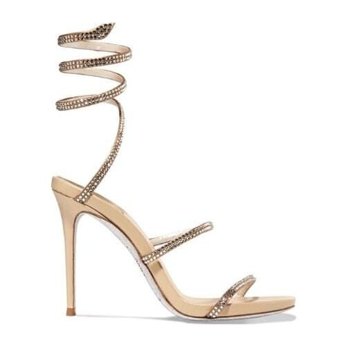 Moraima Snc Summer High Heel Sandal Crytsal Embellished Snake Pattern Thin heels Shoes Open Toe Party Dress Shoe