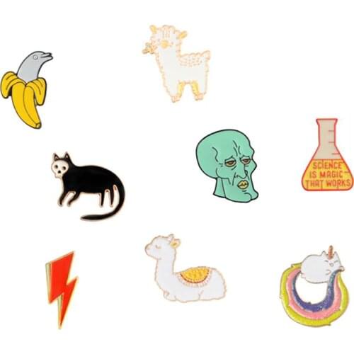 Cartoon Brooches and Pins Dolphin Sheep Llama Head Lightning Science beaker Cat Brooch Collection Pin Metal Badge Pins for Kids