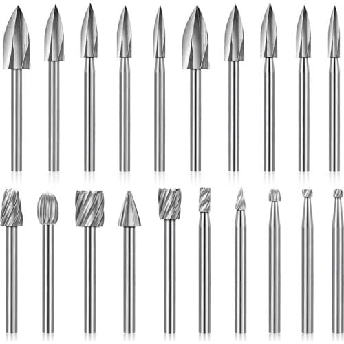 20 Pcs Wood Carving Drill Bit Set Includes HSS Engraving Drill Accessories Bit and Wood Milling Burrs for Rotary Tools