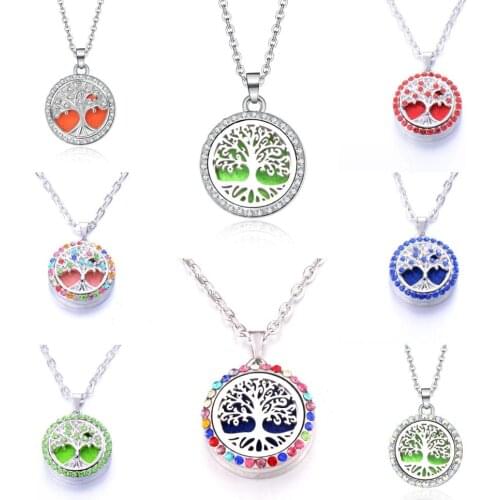 Stainless Steel tree of Life Aroma Diffuser Necklace Crystal Lockets Perfume Aromatherapy Essential Oils Pendant Necklace Gift
