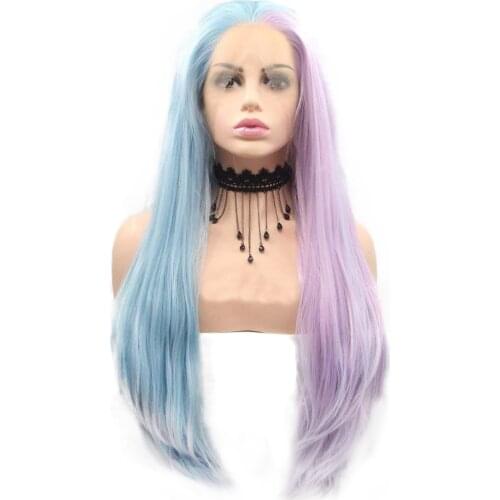 24" Half Purple Half blue Synthetic Lace Front Straight Wigs for Women Pastel Blue Pink 2 Tone Wig Heat Resistant Fiber Hair