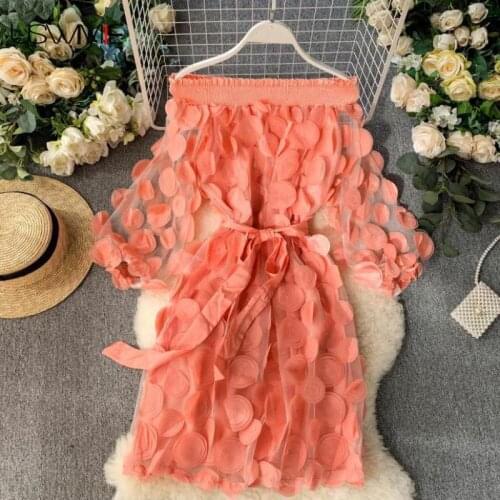 Elegant Dress Fashion Flower Dimensional Bubble Sleeve Collect Waist Solid Color Sexy Dress Slash Neck Lace Plus Size Vestidos