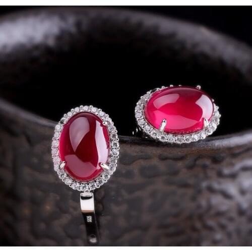 Real 100% 925 Sterling Silver Earrings For Women Classic Fashion Thai Silver Red Corundum Ear Clip Pure Argentum Ear Jewelry