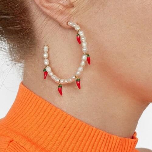 Delicate Red Pepper Tassel Earrings Big Circle Pearl Hoop Earring Women Bridal Wedding Party Oorbellen Statement Brincos Jewelry