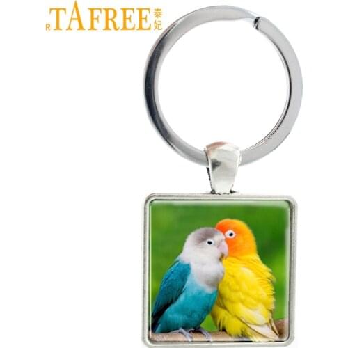 TAFREE Square diy Love Art Painting Picture Keychain Key Ring Glass Cabochon Decorative Animal Bird Key Pendant Holder E337