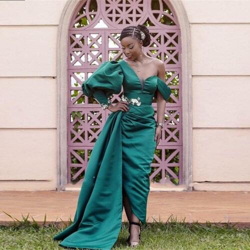 Dark Green One Shoulder Prom Dresses Side Train Long Sleeve Mermaid Evening Dress Flowers Appliques Aso Ebi Women Party Gowns