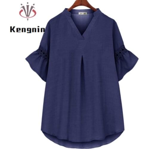 Summer New V-Neck Female Tops Cotton Linen Half Sleeve Women Blouse and Shirts Loose Oversize 4XL Office Lady Work Blause KE1728