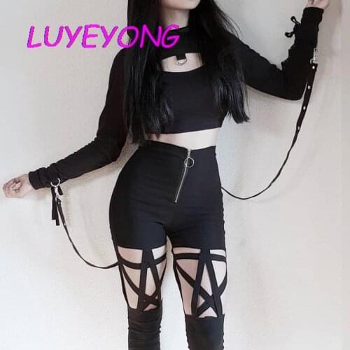 Dark Black Gothic Women Cool Pencil Pants 2020 Hipster Lady Hollow-out Pentagram Zip Punk Ankle-length Trousers Fashion Pant