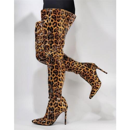 New Woman Sexy Leopard Super Long Boots Thin Heels Pointed Toe Over The Knee Boots Zipper Back Loose V Botas Shoes Big Size