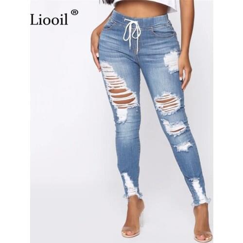 Light Blue Ripped Jeans for Women 2021 Street Style Sexy Mid Rise Distressed Trouser Stretch Skinny Hole Denim Pencil Pants