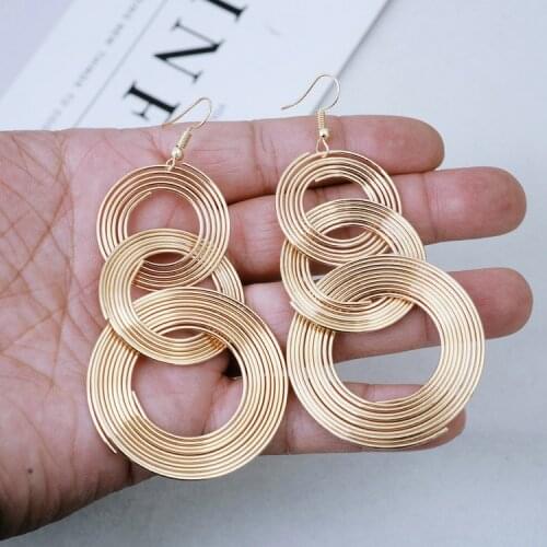 Punk Gold Colour Big Geometric 3 Circle Metal Long Dangle Earrings For Women Bohemian Party Exaggerated Fashion Jewelry