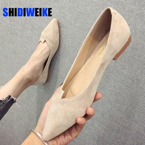 Women Flats Flock Leather Pointed Toe Solid Color Apricot Plus Small Size 31 32 33 34 Big Size 42 43 44 45 Lady Flat Heel Shoes