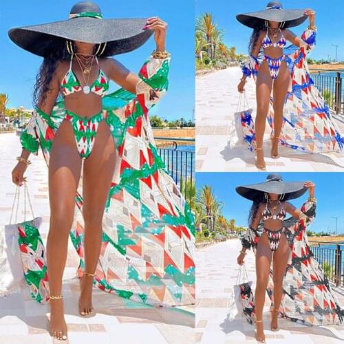 Women Three-piece Swimming Clothes Set Geometry Printed Pattern Bikini Tops + Shorts + Beach Blouse