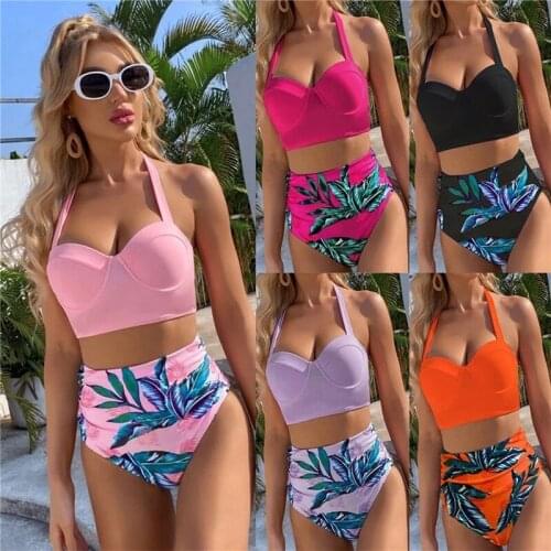 2021 Women High Waist Push Up Bikini Summer Swimsuit Solid Color Halter Neck Sleeveless Tops +High Waist Shorts Beachwear