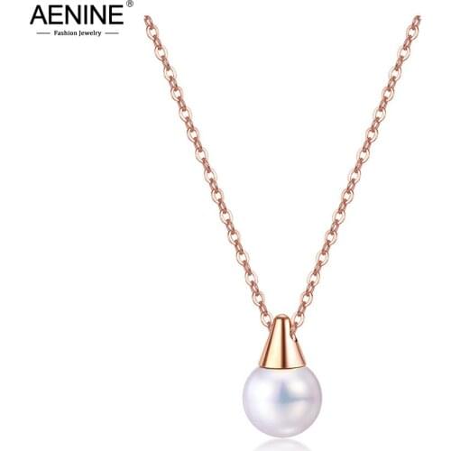 AENINE Trendy Stainless Steel Simulated Pearl Pendant Necklaces Jewelry Bohemia Chain Link Choker Necklace For Women AN17081