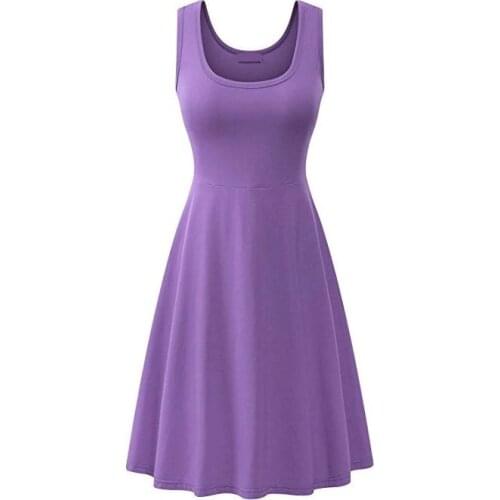 Summer Woman Solid Sleeveless Square Collar Pullover Fit And Flare Plaeted Hem Knitting Tank Dresses
