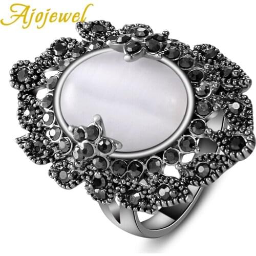 Ajojewel SIZE 7-9 Fashion Ladies Jewelry Elegant Womens Palace Retro Black CZ White Opal Ring