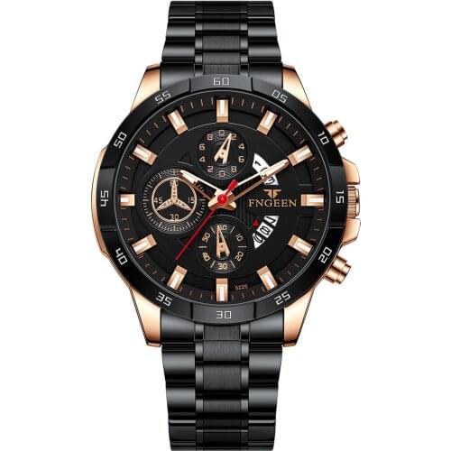 FNGEEN Luminous Watches for Mens Sports Luxury Top Brand Blue Stainless Steel Auto Date Waterproof Quartz Wristwatches Reloj Man