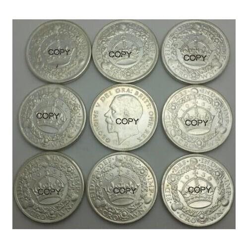 Great Britain 1 Crown George V Wreath Crown Different Years 9pcs 1927 28 29 30 31 32 33 34 36 Brass Plated Silver Copy Coins
