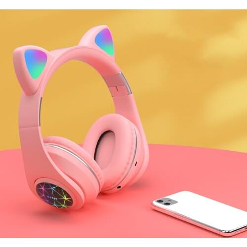 Cat Ear Headphones LED Light Up Bluetooth 5.0 Noise Cancelling Headphone with Mic Hands Free Adults Kids Headset Support TF Card