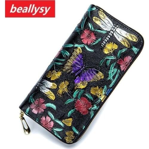 Flower Print Genuine Leather Wallet Women Lady Long Wallets Women Coin Purse Wallet Female Card Holder Zipper Women Clutch Bag
