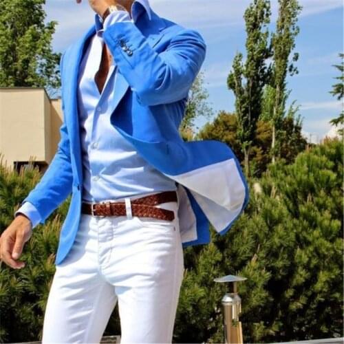 New Summer Style Royal Blue Coat White Pant Mens Suits 2 Pieces(Jacket+Pants+Tie) Groom Groomsman Blazer Costume Homme