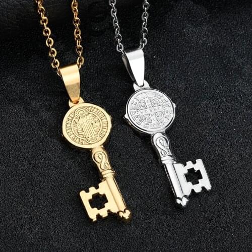 100% Stainless Steel Saint Benedict Cross Medal Key Pendants & Necklace San Benito Religious Medals Wholesale 10pcs
