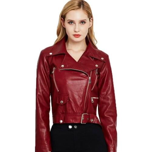 New Women Spring Autumn Faux Leather Jackets Zipper Basic Womens Coat Turn-down Collar PU Motor Biker Jacket With Belt K308