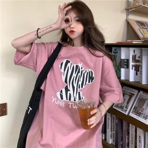 Summer Pink Bear Short-Sleeved t-Shirt Aesthetic Kawaii Clothesoversized t Shirt Korean Style Fairy Grunge e Girl Womens Tops