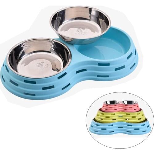 Dog Pet Double Bowl Cat Feeding Food Bowls Drinking Water Dish Puppy Stainless Steel Feeder Kitten Tableware Pets Supplies