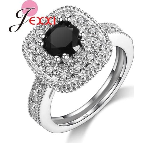 Fashion Simple Black White Cubic Zircon 925 Sterling Silver Wedding Engagement Rings For Woman Bridal Bands Ring