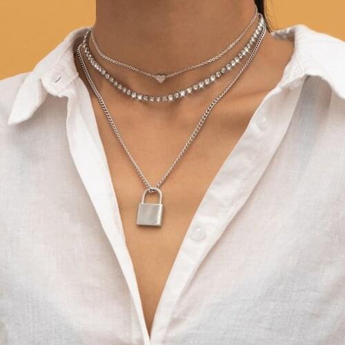 Multi Layer Lover Padlock Heart Pendant Crystal Rhinestone Chain Choker Necklace Chain Women Neck Jewelry Gift