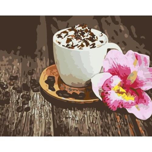 Painting By Numbers DIY Dropshipping 40x50 60x75cm Coffee with pink flower Still life Canvas Wedding Decoration Art picture Gift
